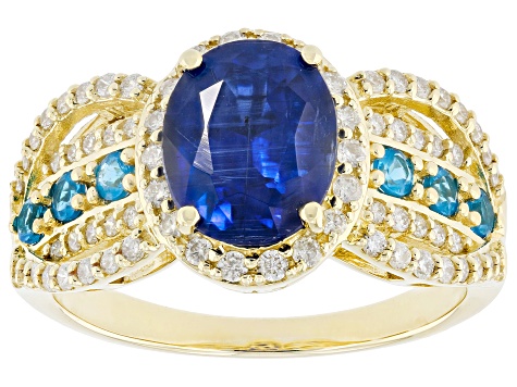 Kyanite With Neon Apatite And White Diamond 14k Yellow Gold Halo Ring 2.75ctw