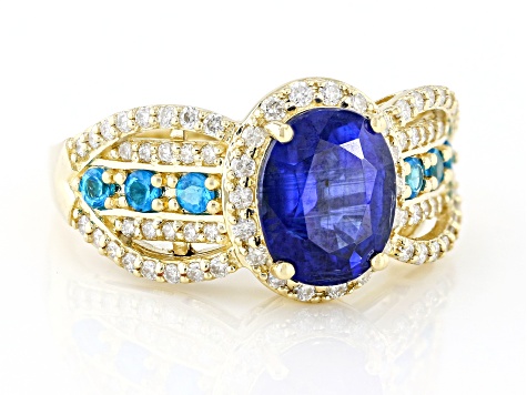 Kyanite With Neon Apatite And White Diamond 14k Yellow Gold Halo Ring 2.75ctw