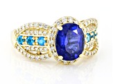 Kyanite With Neon Apatite And White Diamond 14k Yellow Gold Halo Ring 2.75ctw