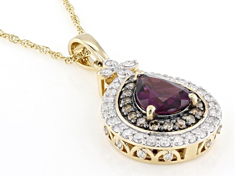 Grape Color Garnet With Champagne And White Diamond 14k Yellow Gold Pendant With Chain 2.17ctw