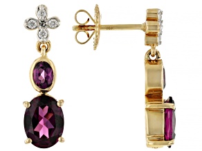 Grape Color Garnet And White Diamond 14k Yellow Gold Dangle Earrings 2.96ctw