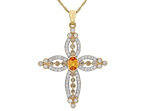 Spessartite With Champagne And White Diamond 14k Yellow Gold Cross Pendant 1.27ctw