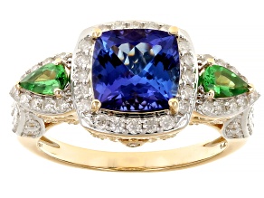 Tanzanite With Tsavorite And White Diamond 14k Yellow Gold Halo Ring 2.54ctw