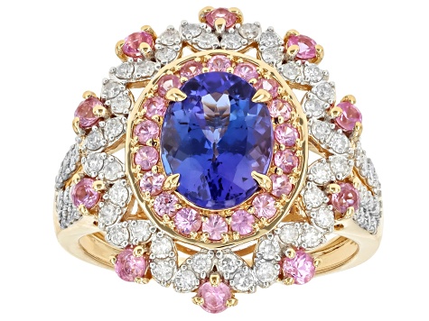 Tanzanite, Pink Sapphire And White Diamond 14k Yellow Gold Halo Ring 2.62ctw