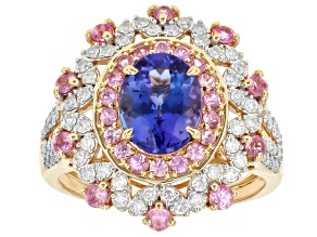 Tanzanite, Pink Sapphire And White Diamond 14k Yellow Gold Halo Ring 2.62ctw