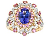 Tanzanite, Pink Sapphire And White Diamond 14k Yellow Gold Halo Ring 2.62ctw