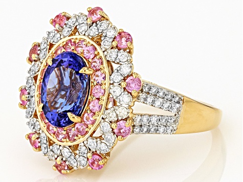 Tanzanite, Pink Sapphire And White Diamond 14k Yellow Gold Halo Ring 2.62ctw