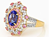 Tanzanite, Pink Sapphire And White Diamond 14k Yellow Gold Halo Ring 2.62ctw