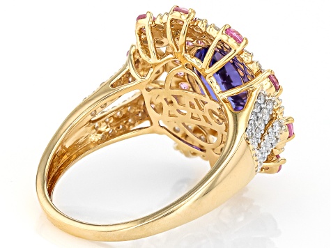 Tanzanite, Pink Sapphire And White Diamond 14k Yellow Gold Halo Ring 2.62ctw