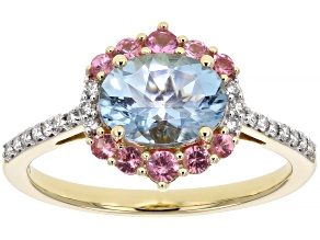 Santa Maria Aquamarine With Pink Spinel And White Diamond 14k Yellow Gold Halo Ring 1.35ctw