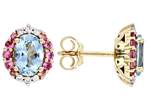 Santa Maria Aquamarine With Pink Spinel And White Diamond 14k Yellow Gold Halo Earrings 1.61ctw
