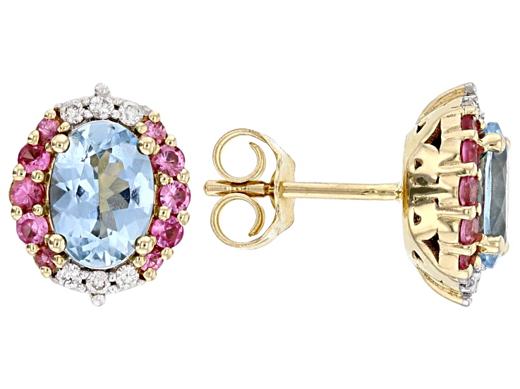 Santa Maria Aquamarine With Pink Spinel And White Diamond 14k Yellow Gold Halo Earrings 1.61ctw