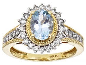 Santa Maria Aquamarine And White Diamond 14k Yellow Gold Halo Ring 1.39ctw