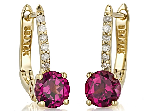 Grape Color Garnet And White Diamond 14k Yellow Gold Earrings 1.13ctw