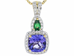 Tanzanite With Tsavorite And White Diamond 14k Yellow Gold Halo Pendant With Chain 2.25ctw