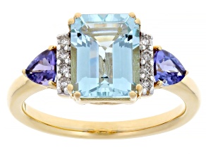 Santa Maria Aquamarine With Tanznite And White Diamond 14k Yellow Gold Ring 2.48ctw