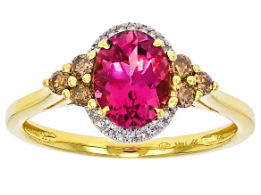 Malawi Magenta Garnet With White and Champagne Diamond 14k Yellow Gold Ring 1.59ctw