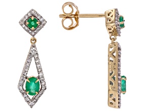 Zambian Emerald And White Diamond 10k Yellow Gold Earrings 0.69ctw