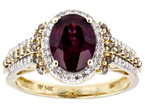 Grape Color Garnet With White And Champagne Diamond 14k Yellow Gold Ring 2.40ctw