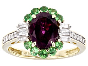 Grape Color Garnet, Tsavorite And White Diamond 10k Yellow Gold Ring 2.60ctw