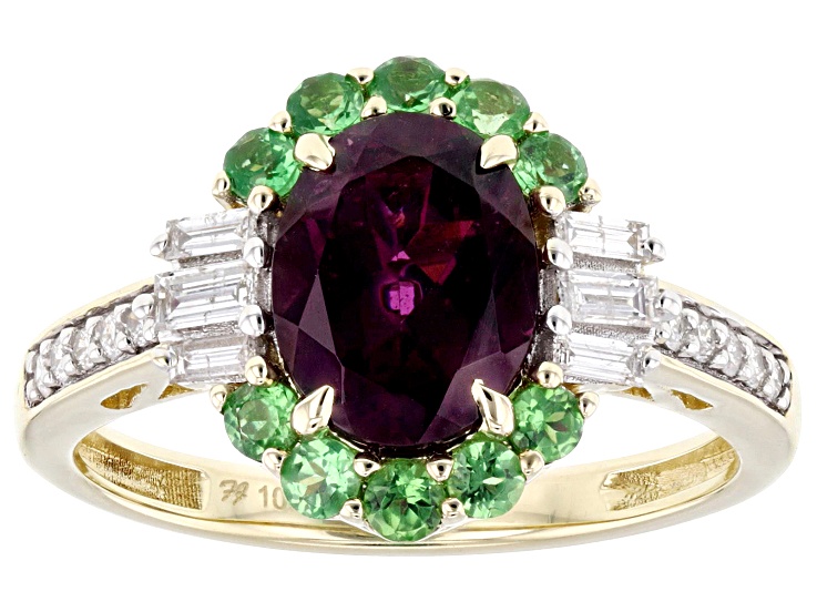 Grape Color Garnet, Tsavorite And White Diamond 10k Yellow Gold Ring 2.60ctw