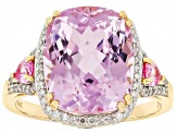 Kunzite With Pink Sapphire And White Diamond 14k Yellow Gold Ring 6.97ctw