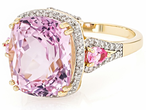 Kunzite With Pink Sapphire And White Diamond 14k Yellow Gold Ring 6.97ctw