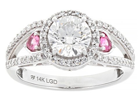 Certified White Lab-Grown Diamond G VS2 and Pink Spinel 14K White Gold Halo Ring 1.55ctw
