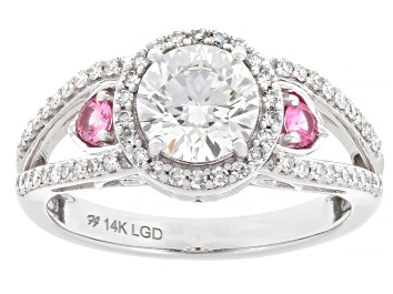 Picture of Certified White Lab-Grown Diamond G VS2 and Pink Spinel 14K White Gold Halo Ring 1.55ctw