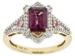 Grape Color Garnet, Pink Spinel And White Diamond 14k Yellow Gold Halo Ring 1.84ctw