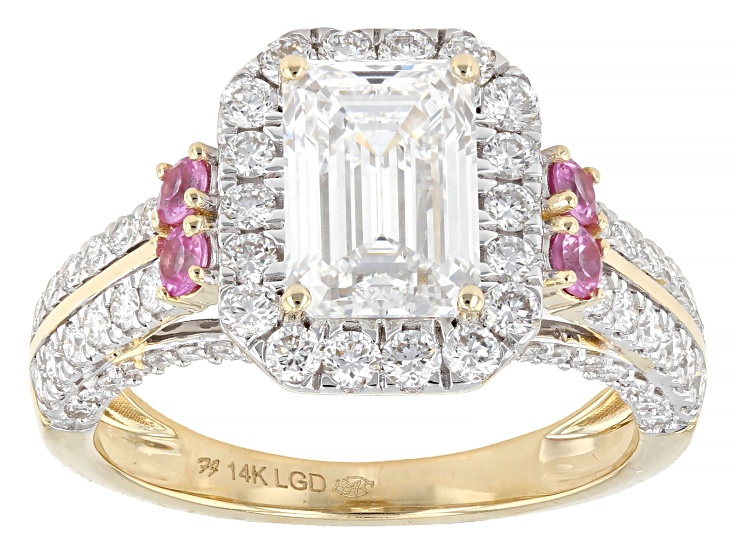 Certified White Lab-Grown Diamond F VS-SI And Pink Sapphire 14k Yellow Gold Ring 3.20ctw