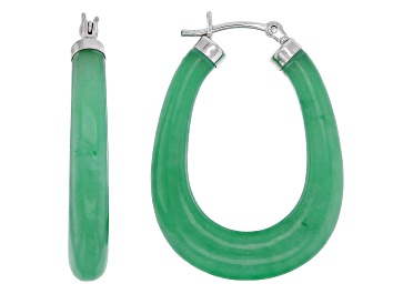 Picture of Green Jadeite Rhodium Over Sterling Silver Hoop Earrings 34x6mm