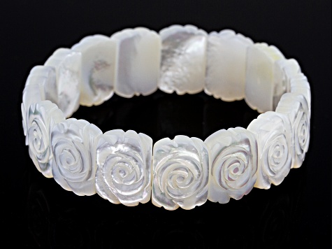 White Mother-Of-Pearl Hand Carved Rose Stretch Bracelet