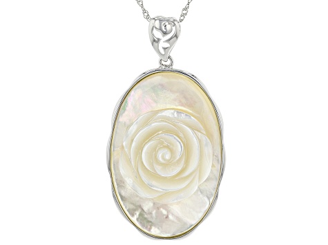 White Mother-Of-Pearl Rhodium Over Sterling Silver Hand Carved Rose Pendant With Chain