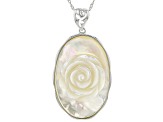 White Mother-Of-Pearl Rhodium Over Sterling Silver Hand Carved Rose Pendant With Chain