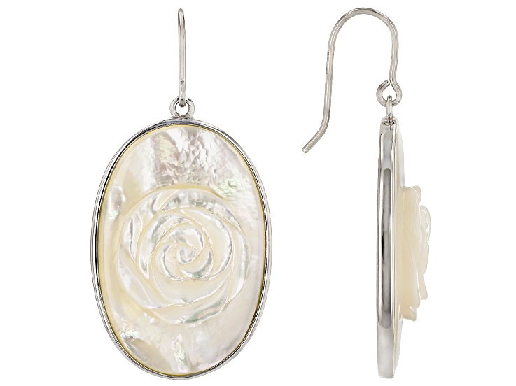 White Mother-Of-Pearl Hand Carved Rose Rhodium Over Sterling Silver Earrings 30x20mm