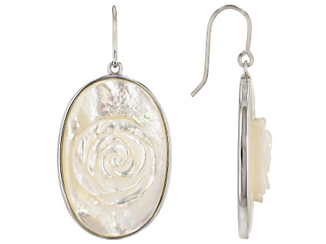 White Mother-Of-Pearl Hand Carved Rose Rhodium Over Sterling Silver Earrings