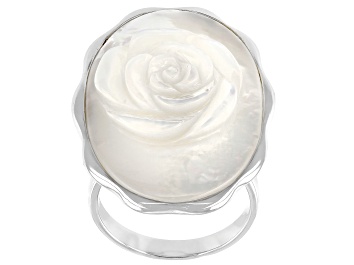 Picture of White Mother-Of-Pearl Hand Carved Rhodium Over Sterling Silver Rose Ring