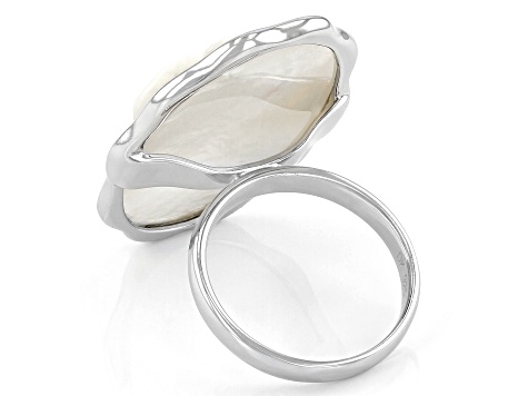 White Mother-Of-Pearl Hand Carved Rhodium Over Sterling Silver Rose Ring
