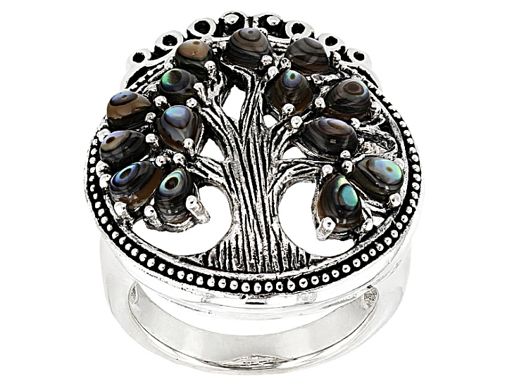 Multicolor Abalone Shell Tree Of Life Sterling Silver Ring