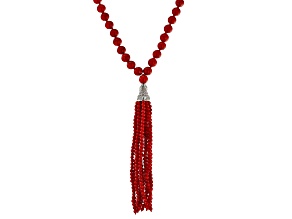 Red Coral Rhodium Over Silver Tassel Necklace