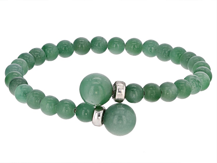 Green Jadeite Rhodium Over Silver Bracelet 6mm & 10mm