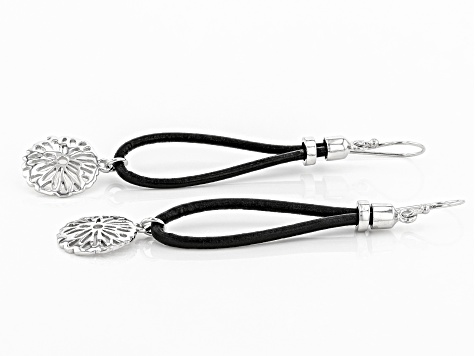 Rhodium Over Silver Flower Design With Imitation Leather Cord Dangle Earrings