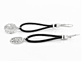 Rhodium Over Silver Flower Design With Imitation Leather Cord Dangle Earrings