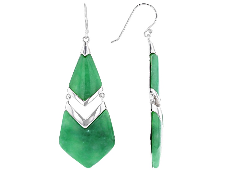 Jadeite Rhodium Over Sterling Silver Dangle Earrings 21x20mm & 17x13mm