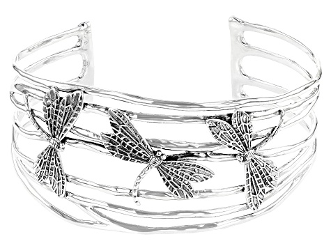 Pacific Style™ Dragonfly Rhodium Over Sterling Silver Cuff Bracelet
