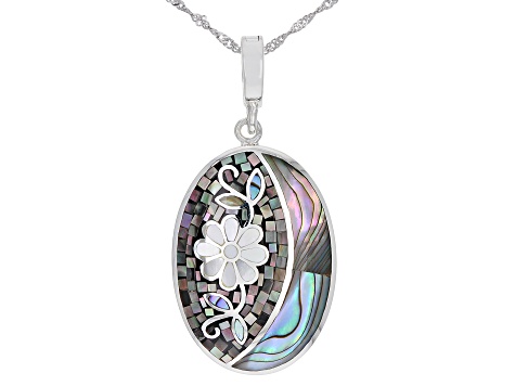 White and Gray Mother-of-Pearl & Abalone Shell Sterling Silver Mosaic Enhancer with Chain