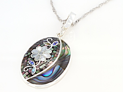 White and Gray Mother-of-Pearl & Abalone Shell Sterling Silver Mosaic Enhancer with Chain