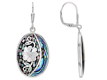 Picture of Gray and White Mother-of-Pearl with Abalone Shell Sterling Silver Mosaic Dangle Earrings