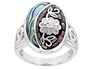 Picture of Gray & White Mother of Pearl and Multi Color Abalone Shell Sterling Silver Mosaic Ring